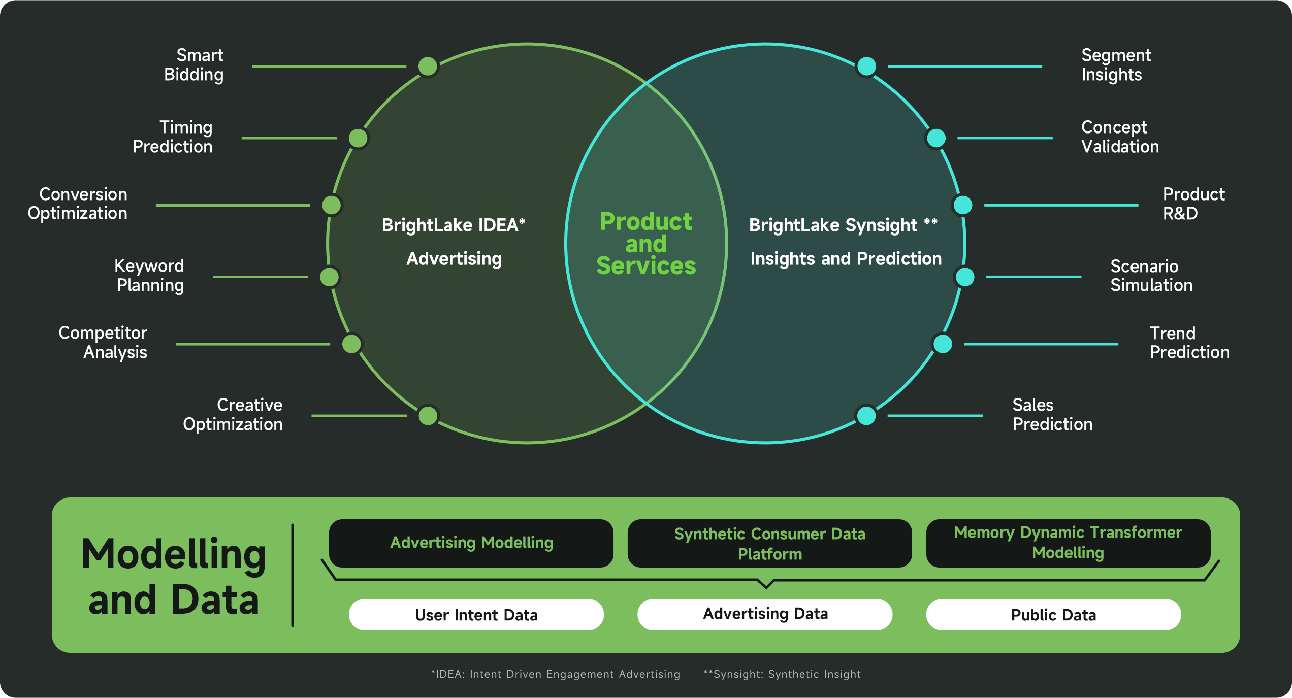 Using User-Intent-Data and AI, BrightLake offers two services: IDEA (Intent Driven Engagement Advertising) and Synsight (Synthetic Insights).